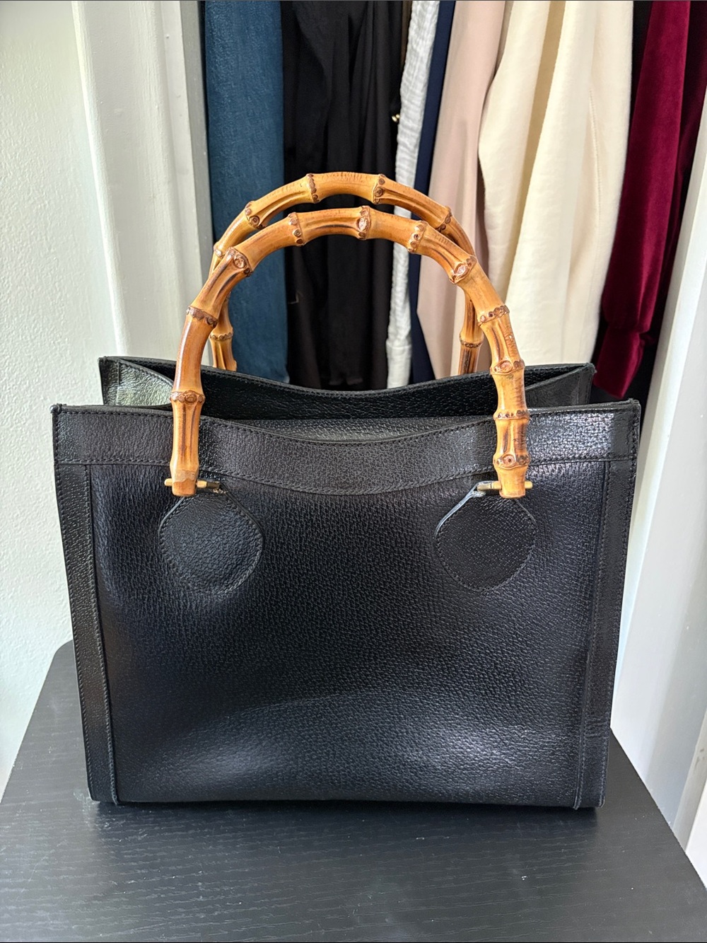 Gucci Black Leather Tote with Bamboo Handles